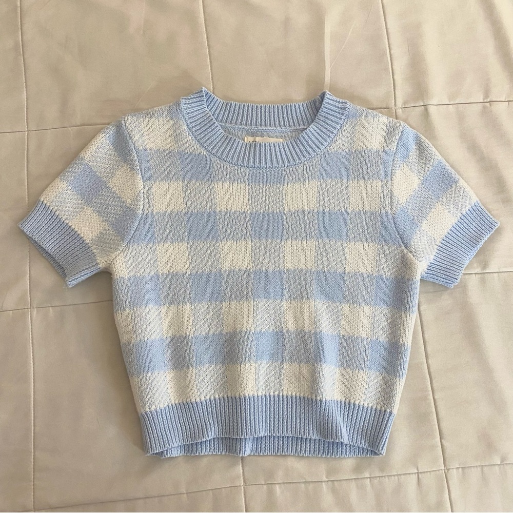 Aeropostale Light Blue and White Checkered Sweater